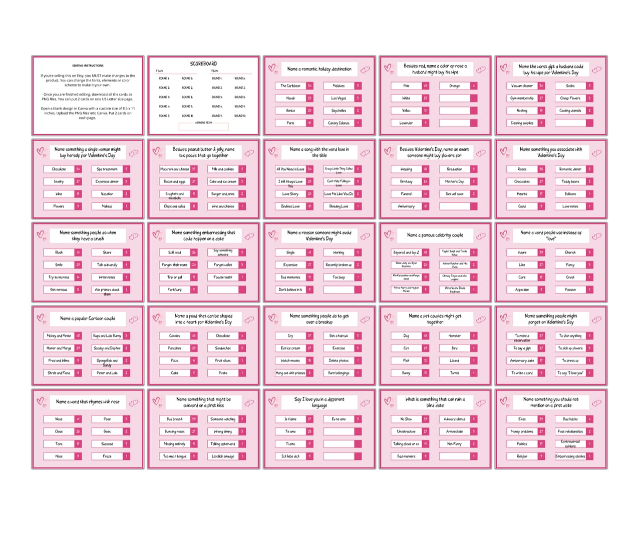 The Valentine's 5-Second Game PLR offers endless fun with pink and white cards featuring questions like "Name a popular hobby" and score columns from 100 to 500.