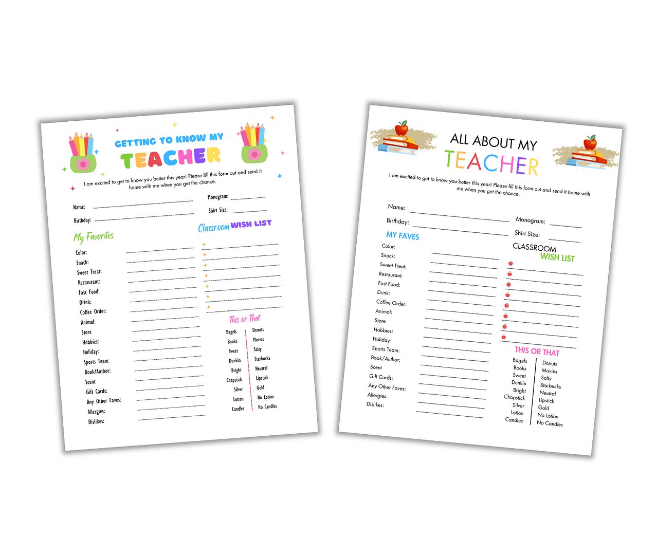 The "Meet the Teacher Templates" include two sheets, "Getting to Know My Teacher" and "All About My Teacher," designed for teachers. They have sections for personal info, favorites, and classroom wish lists, enhanced with colorful illustrations.