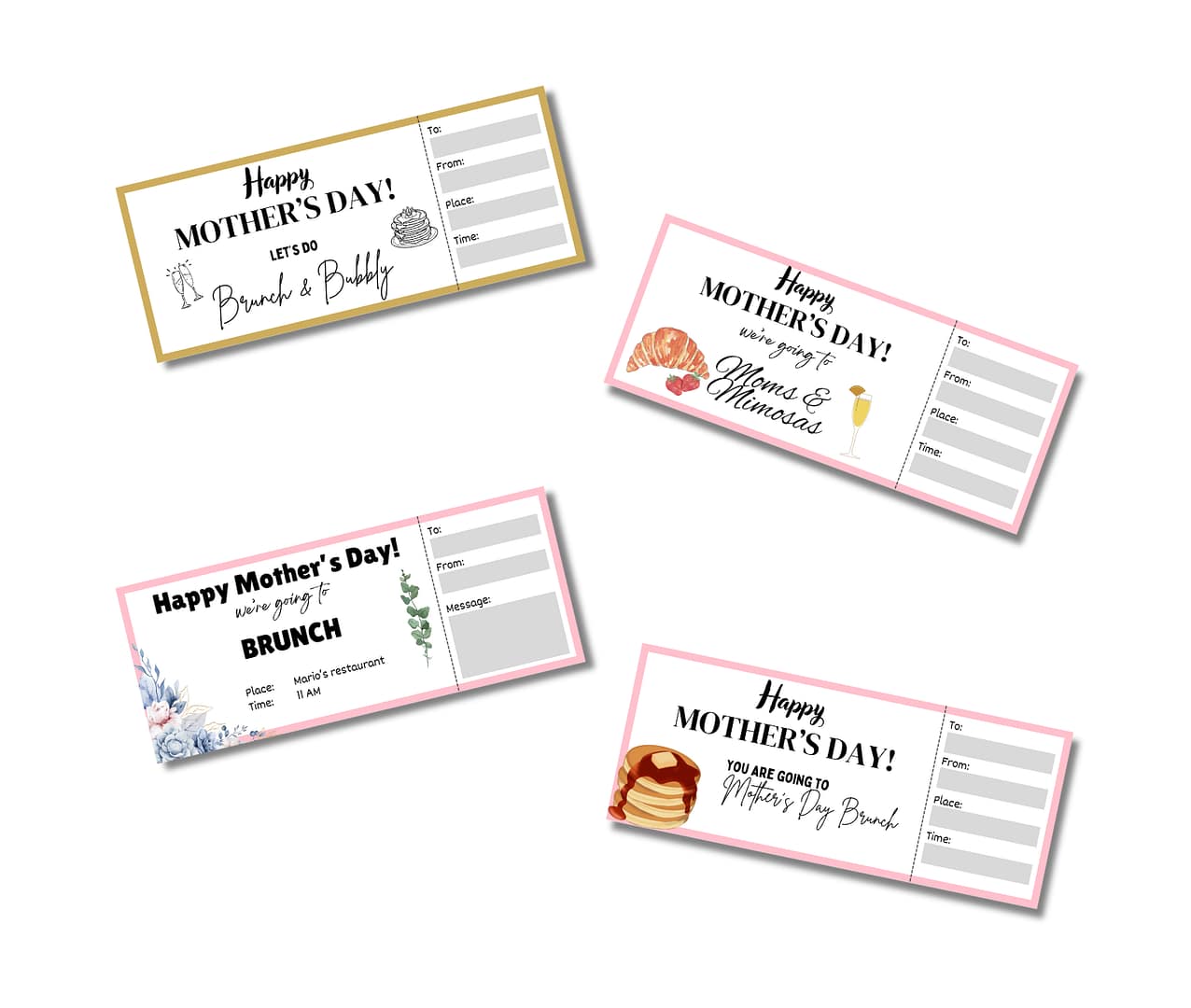Four charming Mother's Day-themed activity placemats feature delightful illustrations of breakfast foods and flowers. Each placemat includes sections to customize with "To," "From," "Date," "Time," "Place," and a heartfelt message, perfect for personalizing your warm wishes with these PLR designs.