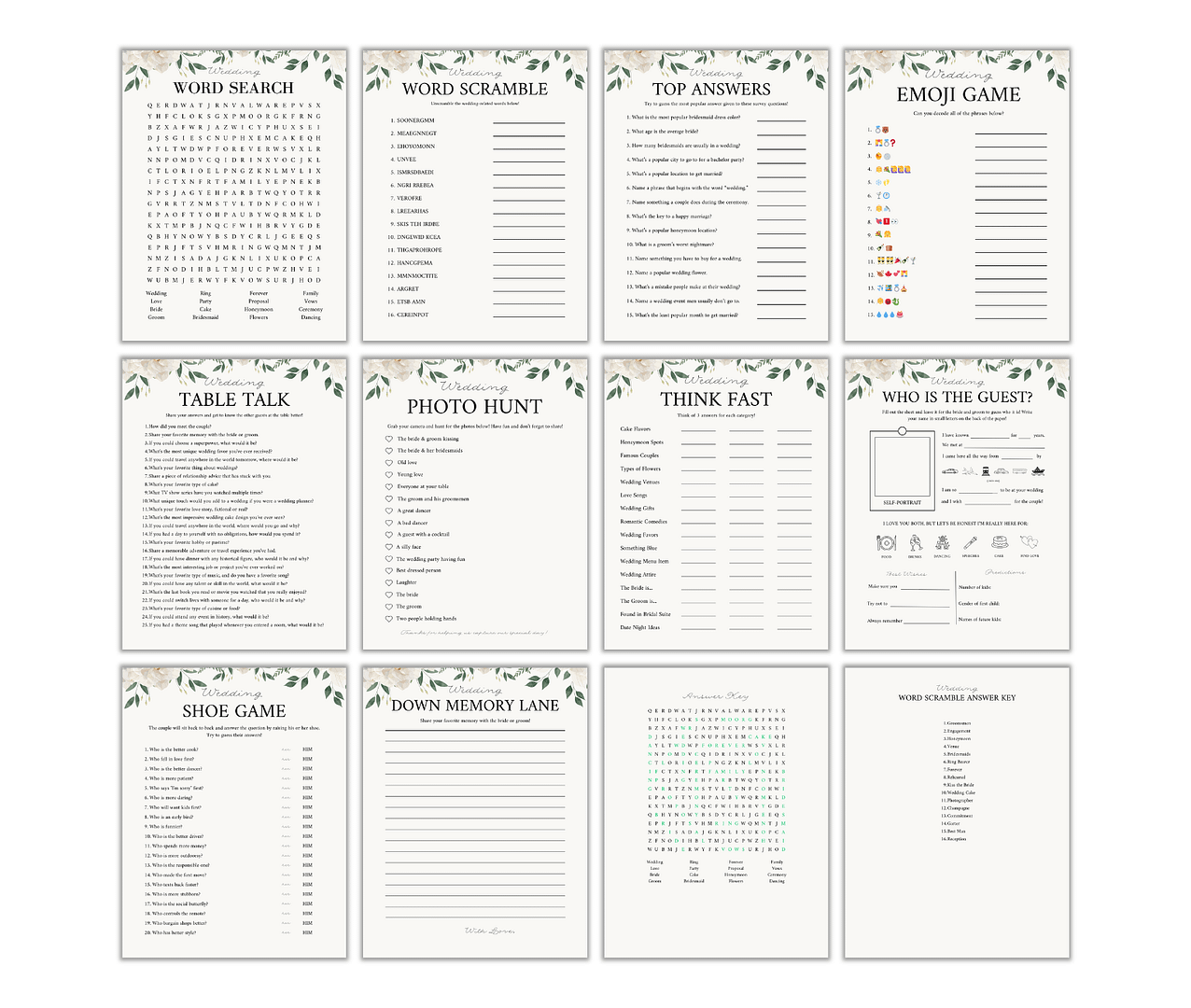 The Wedding Games Bundle PLR includes 12 wedding-themed game sheets with word search, word scramble, photo hunt, and emoji games. They feature floral accents and green foliage, making them ideal for Graduation Party Games PLR by adding a celebratory charm.