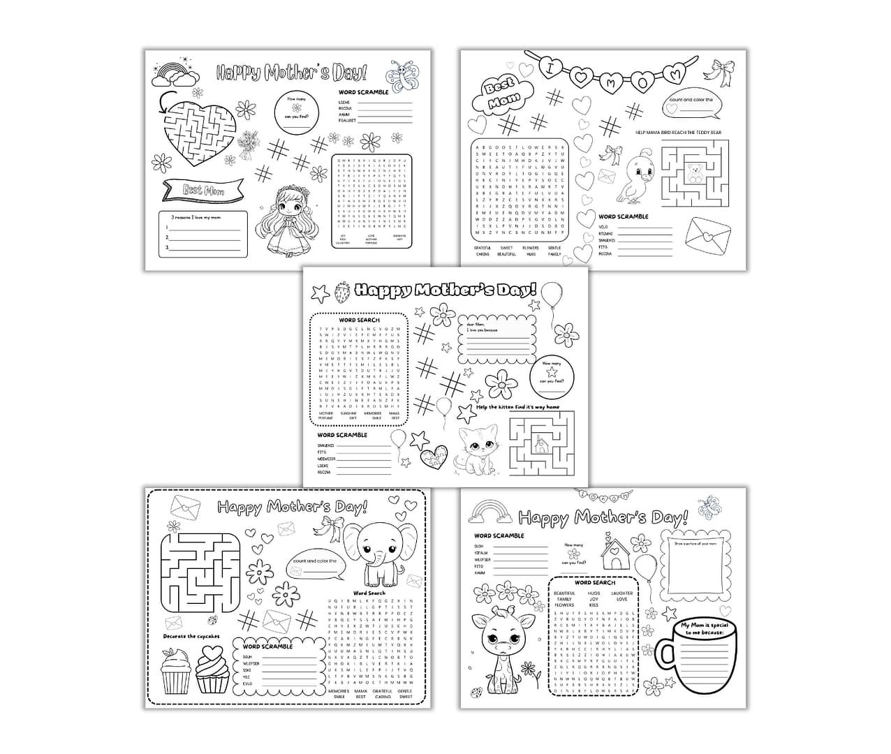 Explore Mother's Day Activity Placemats PLR with five engaging sheets of mazes, word searches, and coloring sections. Ideal for entertaining kids while celebrating Mom's special day.