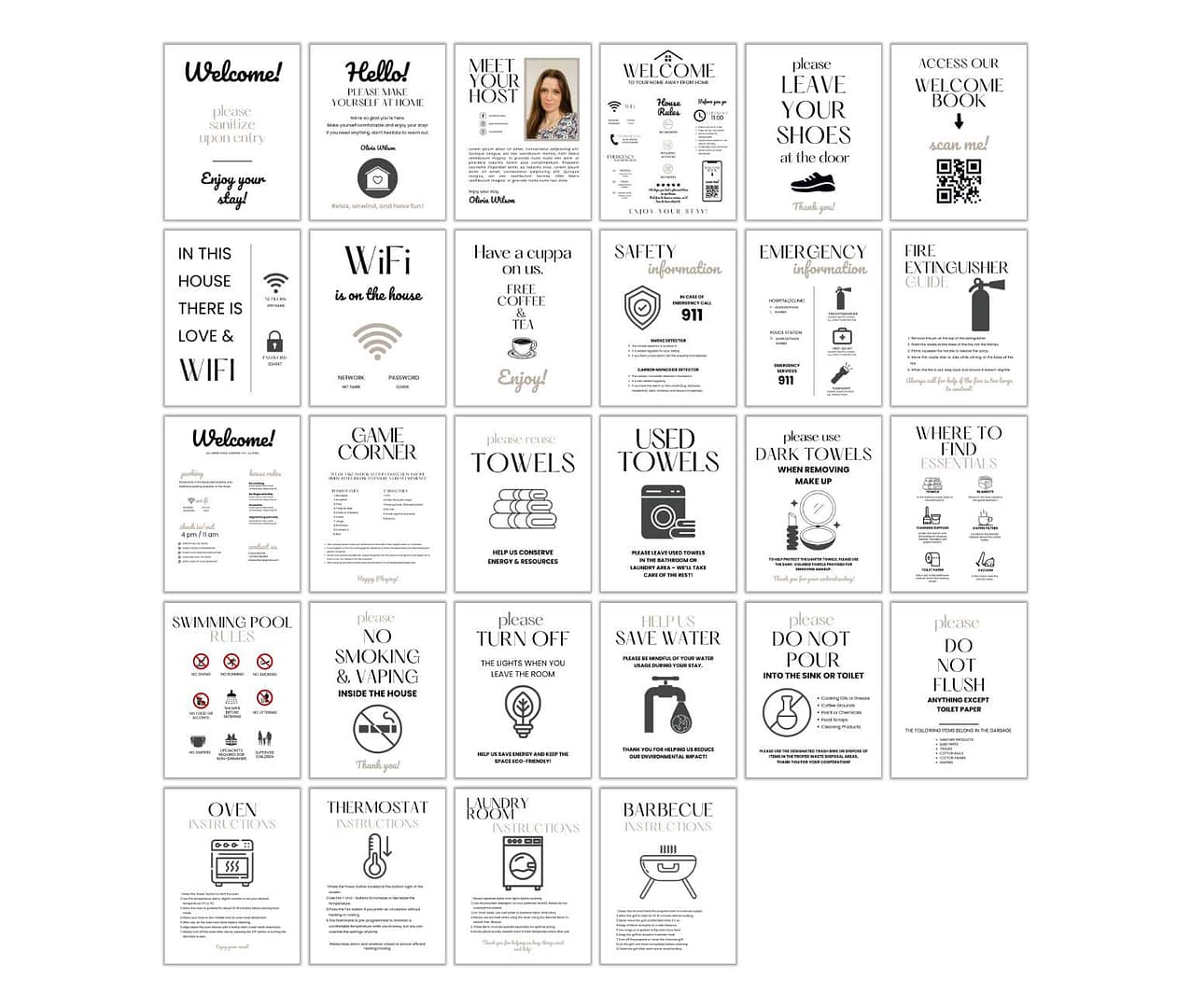 Explore our Delivery Driver Signs Bundle PLR, showcasing essential rules and details. It includes Wi-Fi info, safety tips, pool guidelines, and recycling instructions in a sleek grid layout, ensuring everyone stays informed and comfortable.