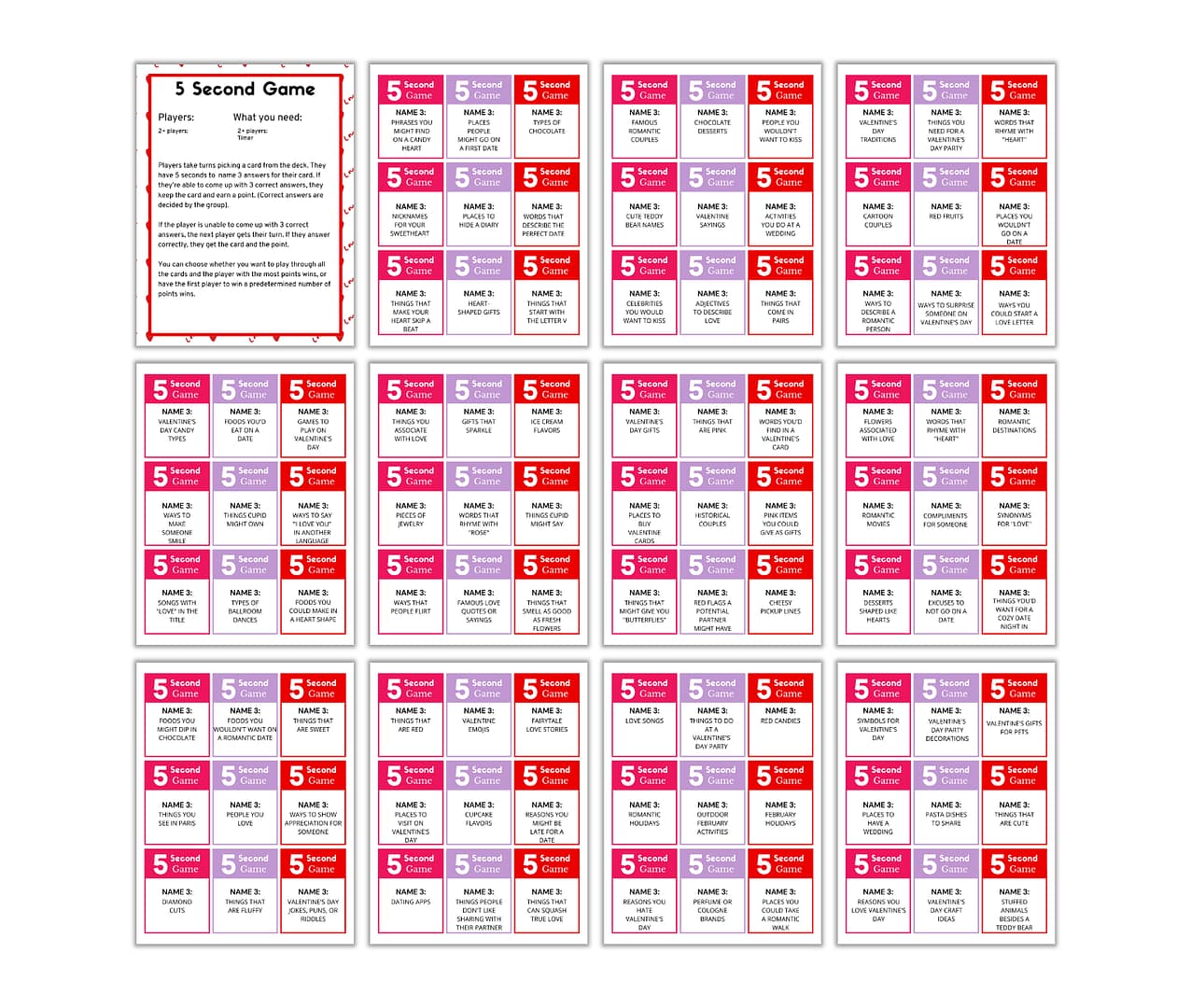 The Valentine's 5-Second Game PLR offers printable sheets with red-bordered cards featuring romantic prompts, ideal for lively group play.