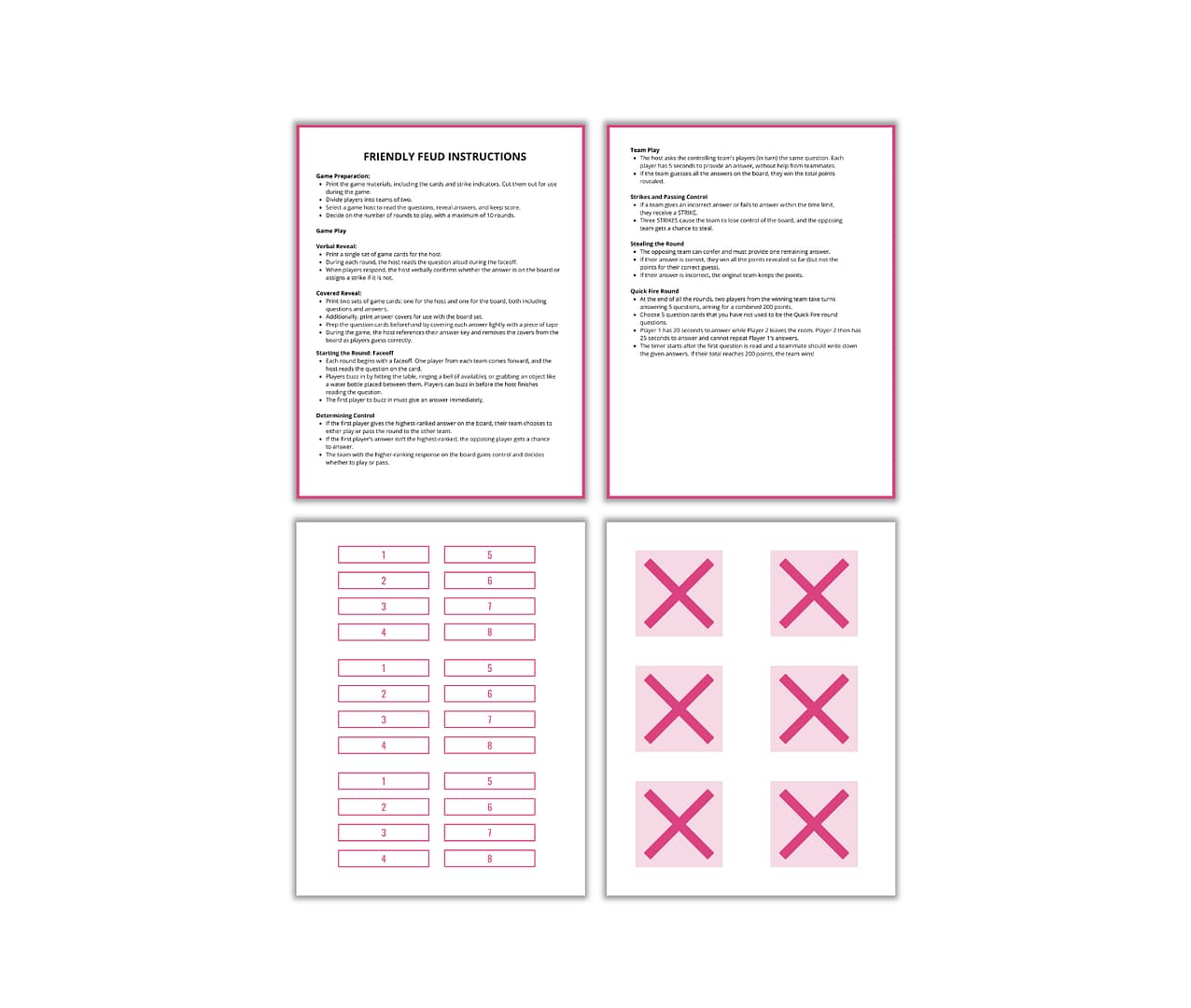 The Valentine's 5-Second Game PLR includes four pages: two with Valentine-themed instructions, one with numbered rectangles, and one with six pink Xs. Ideal for a quick gaming challenge or creating personalized PLR projects.