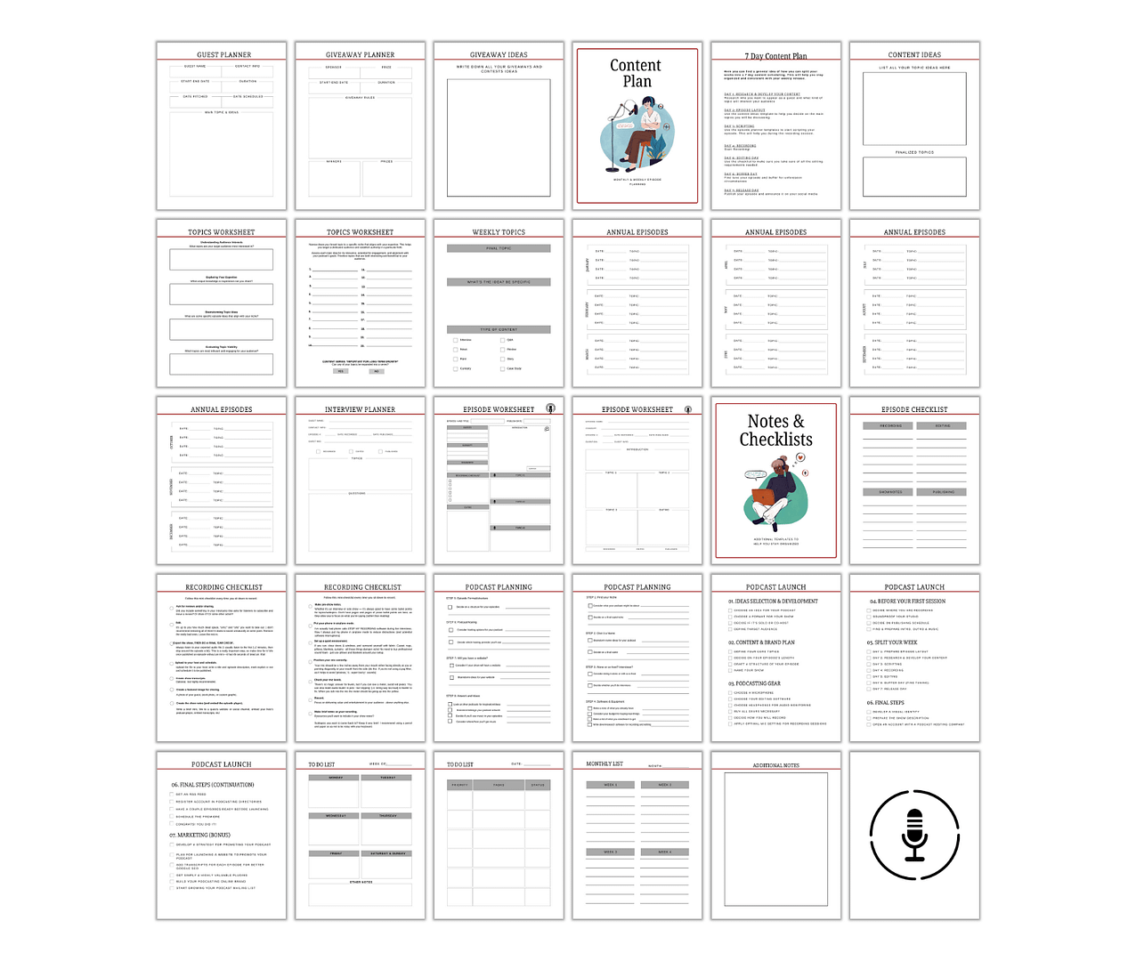 Discover The Ultimate Podcast Planner: a collection of 25 templates for planning and organizing content, product launches, and business strategies. This set features worksheets, calendars, checklists, and a dedicated Podcast Planner for seamless podcast planning.