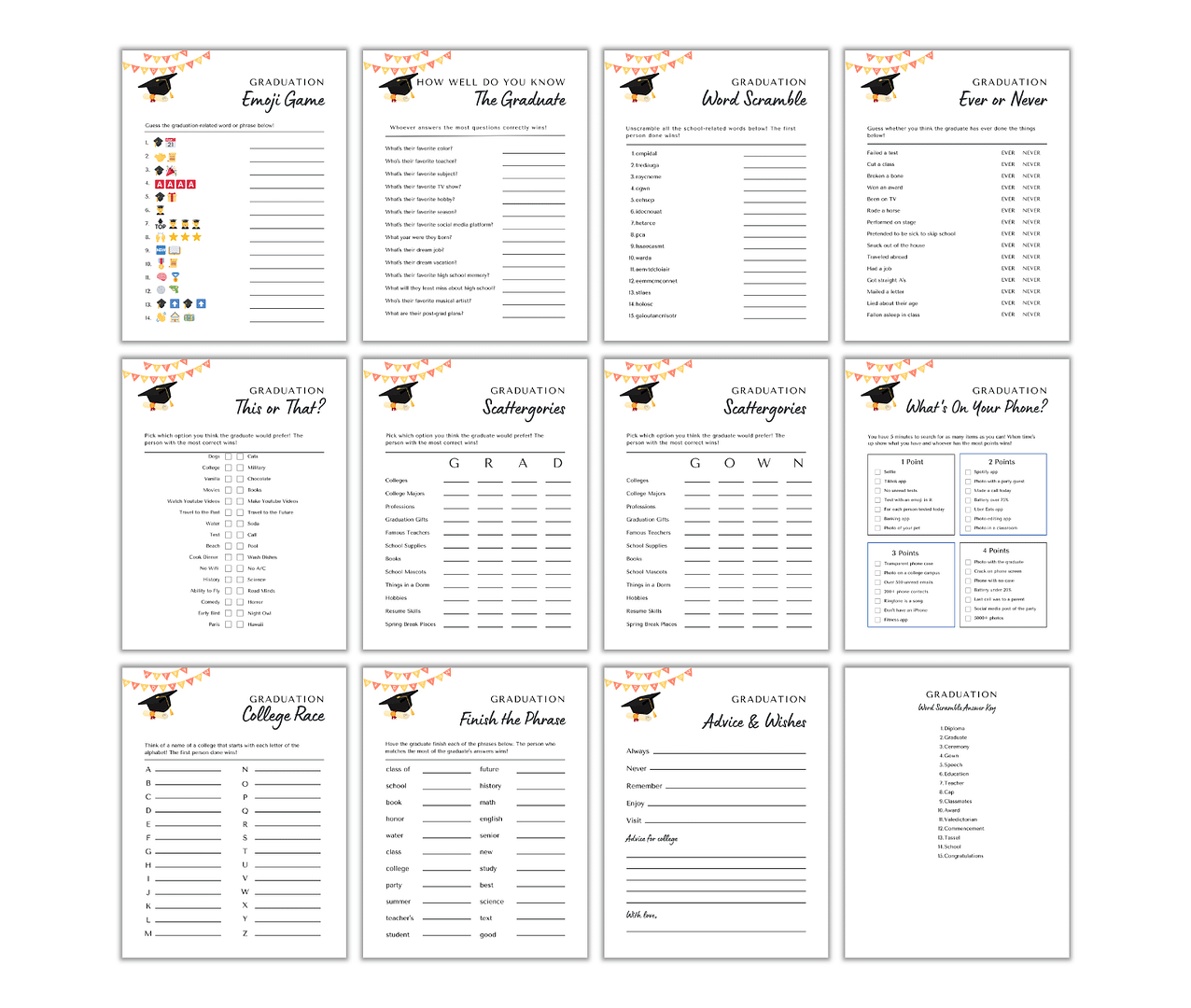 A collection of twelve Meet the Teacher Templates featuring educational game sheets like "Who Knows The Graduate" and "Word Scramble," each with unique activities and icons. Perfect for graduation celebrations and classroom fun!.