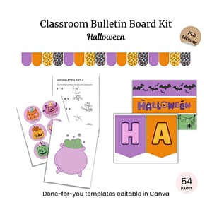 Classroom bulletin board kit for Halloween with banners, themed cutouts, a missing letters puzzle, and 54 editable pages in Canva.