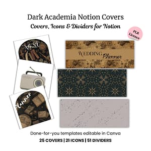 Dark Academia Notion Covers PLR offers 25 covers, 21 icons, and 51 dividers in a cohesive Dark Academia style. Includes sample templates—ideal for pairing with ReMarkable Planner Mockups for a perfectly coordinated look.