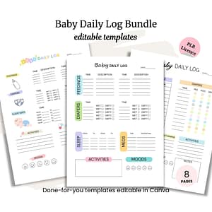 The Baby Daily Logs Bundle PLR includes four baby log templates with sections for feedings, diapers, sleep, meds, activities, moods & countdown trackers. Get eight editable Canva pages in this convenient PLR package.