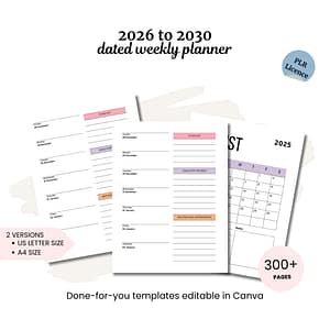 Image showing the 2026 Calendar Template (2026 to 2030 Calendar Planner Pages) with three sample pages in US Letter and A4, featuring a 2026 calendar and over 300 editable Canva templates, PLR license included.