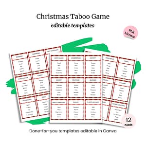Image of printable "Christmas 5-second Game (Copy)" templates with red borders and holiday-themed words. Includes editable Canva templates, PLR license, and 12 pages for instant fun.
