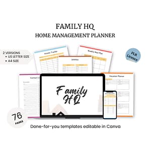 The Family HQ Home Management Planner includes sections for income tracking, utilities, meal planning, contacts, and vacation organization. This versatile planner comes in various sizes and is completely editable in Canva.