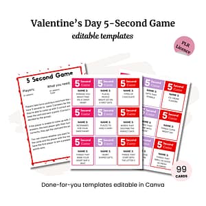 Valentine's 5-Second Game PLR includes editable templates over two pages, a list of needed items, and 99 cards. With its PLR license, it's perfect for endless fun and creativity.