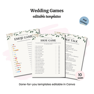 The Wedding Games Bundle PLR features three floral wedding game templates: Emoji Game, Shoe Game, and Table Talk. Perfect for celebrations, these are Canva-editable and include a "Graduation Party Games PLR" license indicator with a note of "10 Games.