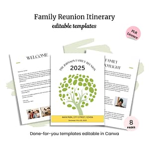 Family Reunion Itinerary (PLR) features a tree-themed 8-page itinerary set with sample pages and clear text. Includes editable Canva files and PLR license—ideal for organizing your family gathering.