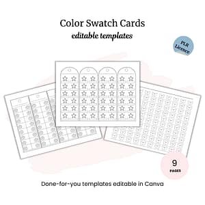 Color Swatch Cards PLR: three printable templates featuring star, butterfly, and circle shapes, editable in Canva or usable as countdown trackers. Displayed on a white background.