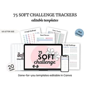 Image showcasing a digital collection of 'The 75 Soft Challenge' Trackers templates, featuring book reviews, water trackers, and daily tasks. Displayed on a laptop screen with 20 editable pages for personalized planning.