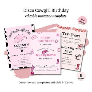 The Disco Cowgirl Birthday Invitation features three illustrated, pink party templates with hats and boots—perfect for an 8th or berry first birthday celebration.