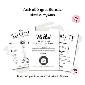 Explore the Delivery Driver Signs Bundle PLR featuring editable templates like welcome signs, house rules, and smart TV guides. This 56-page pack is fully compatible with Canva for seamless customization.
