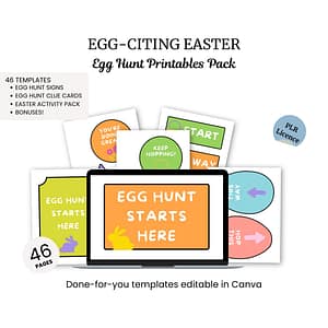Egg-citing Easter Printables pack featuring 46 templates, which include signs and activity packs, are displayed both on a computer screen and as printed samples.