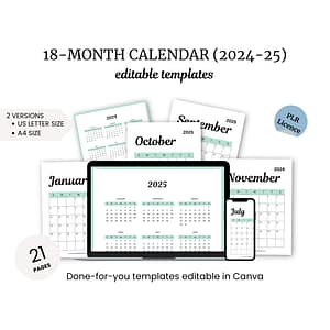 Discover our free 18-month calendar template for 2024-2025, designed to help you stay organized. Featuring a range of monthly views tailored for diverse devices and offering 21 editable pages in Canva, this tool is perfect for managing your schedule efficiently.