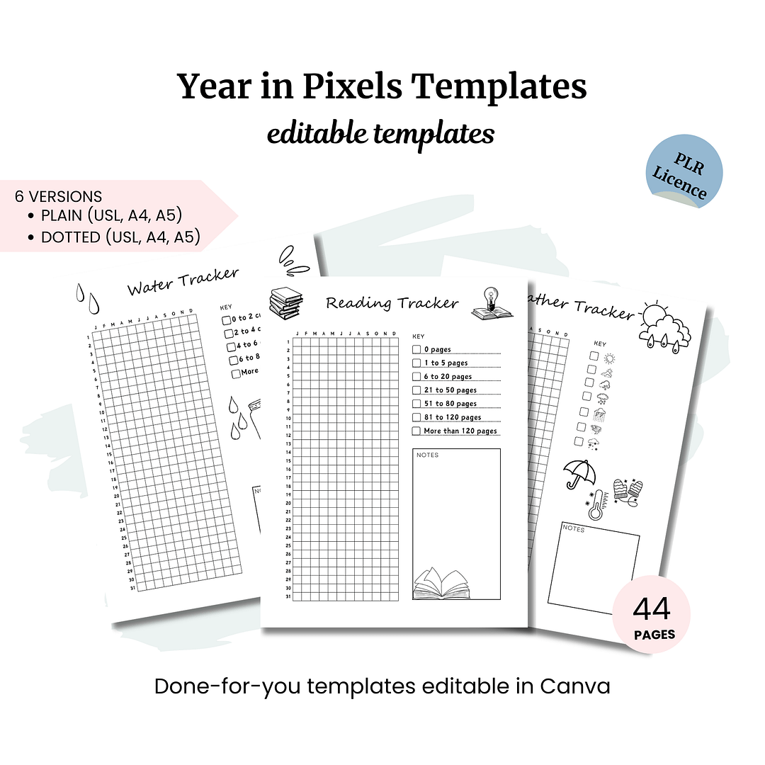 Explore our Year in Pixels PLR Templates, which include trackers for water intake, reading habits, and mood monitoring. Choose from six different versions available in both plain and dotted styles. With a PLR license included, you get 44 editable pages that are ready for customization in Canva!