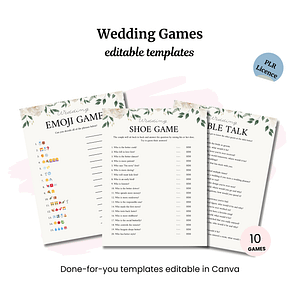 The Wedding Games Bundle PLR features three floral wedding game templates: Emoji Game, Shoe Game, and Table Talk. Perfect for celebrations, these are Canva-editable and include a "Graduation Party Games PLR" license indicator with a note of "10 Games.