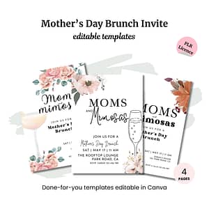 Celebrate Mother's Day in style with our Mother's Day Activity Placemats PLR, featuring floral designs and 'Moms and Mimosas' text. Editable in Canva with a PLR license, these exquisite placemats perfectly complement any gathering.