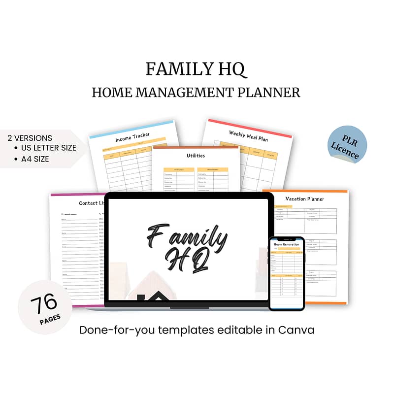 The Family HQ Home Management Planner includes sections for income tracking, utilities, meal planning, contacts, and vacation organization. This versatile planner comes in various sizes and is completely editable in Canva.