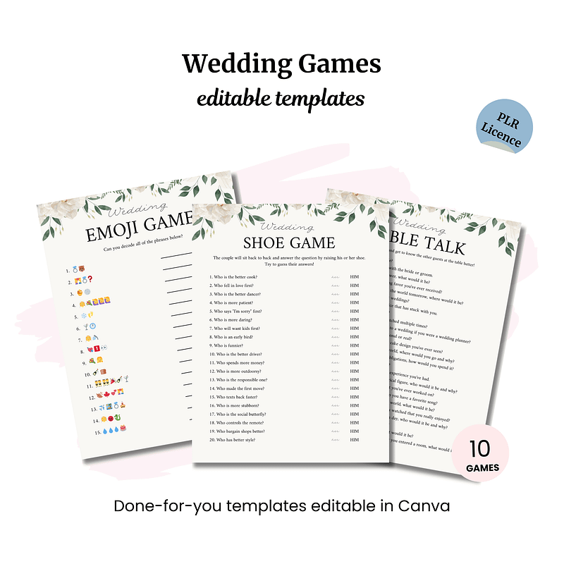 The Wedding Games Bundle PLR features three floral wedding game templates: Emoji Game, Shoe Game, and Table Talk. Perfect for celebrations, these are Canva-editable and include a "Graduation Party Games PLR" license indicator with a note of "10 Games.