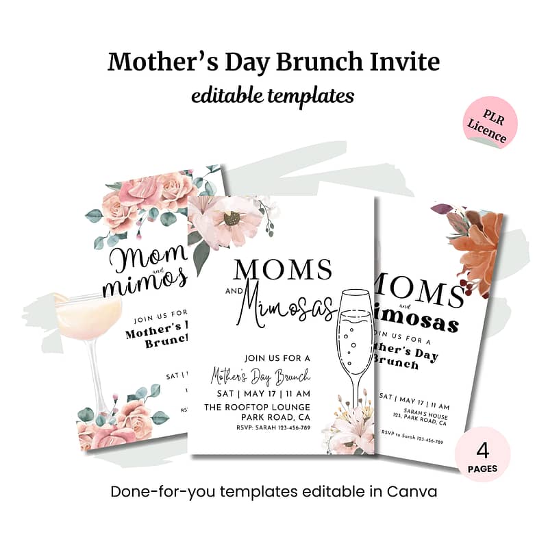 Celebrate Mother's Day in style with our Mother's Day Activity Placemats PLR, featuring floral designs and 'Moms and Mimosas' text. Editable in Canva with a PLR license, these exquisite placemats perfectly complement any gathering.