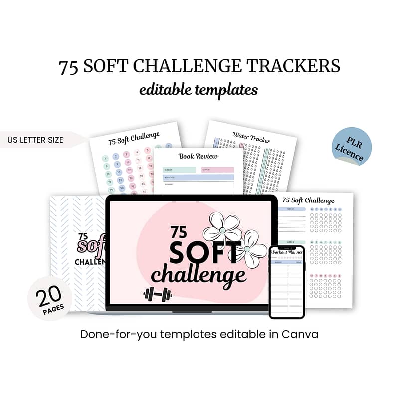 Image showcasing a digital collection of 'The 75 Soft Challenge' Trackers templates, featuring book reviews, water trackers, and daily tasks. Displayed on a laptop screen with 20 editable pages for personalized planning.