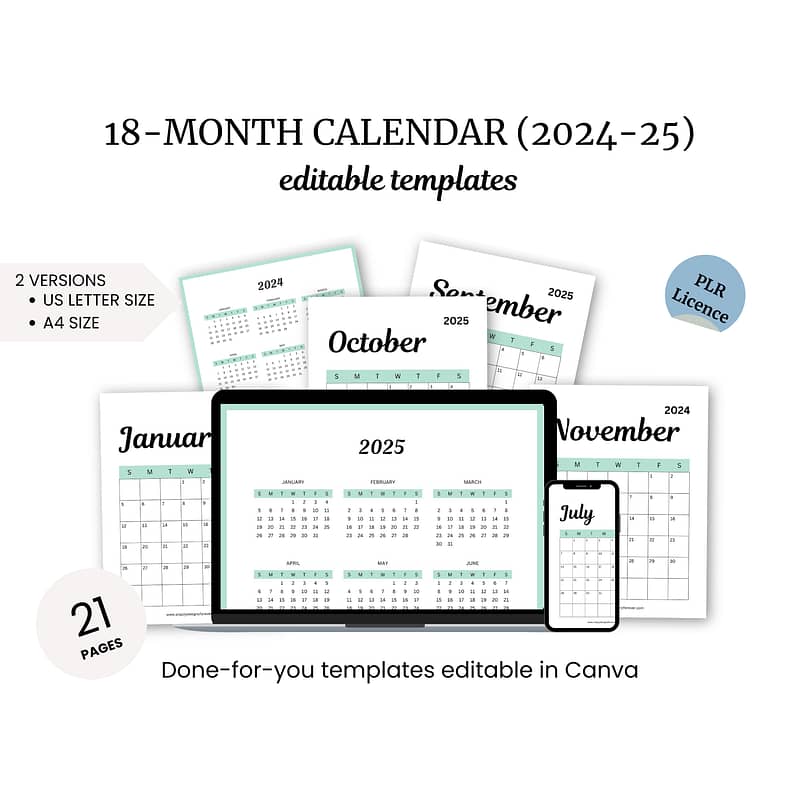 Discover our free 18-month calendar template for 2024-2025, designed to help you stay organized. Featuring a range of monthly views tailored for diverse devices and offering 21 editable pages in Canva, this tool is perfect for managing your schedule efficiently.